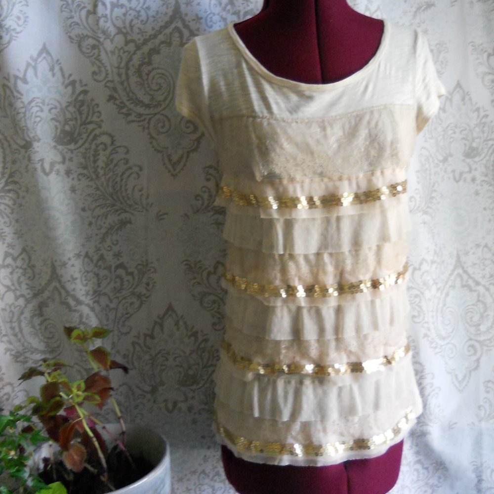 Ann Taylor Loft SP Ivory Cap Sleeve Tiered T-shirt Lace Sequins